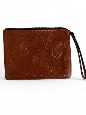 Patricia Nash Brown Tooled Leather Wristlet Clutch
